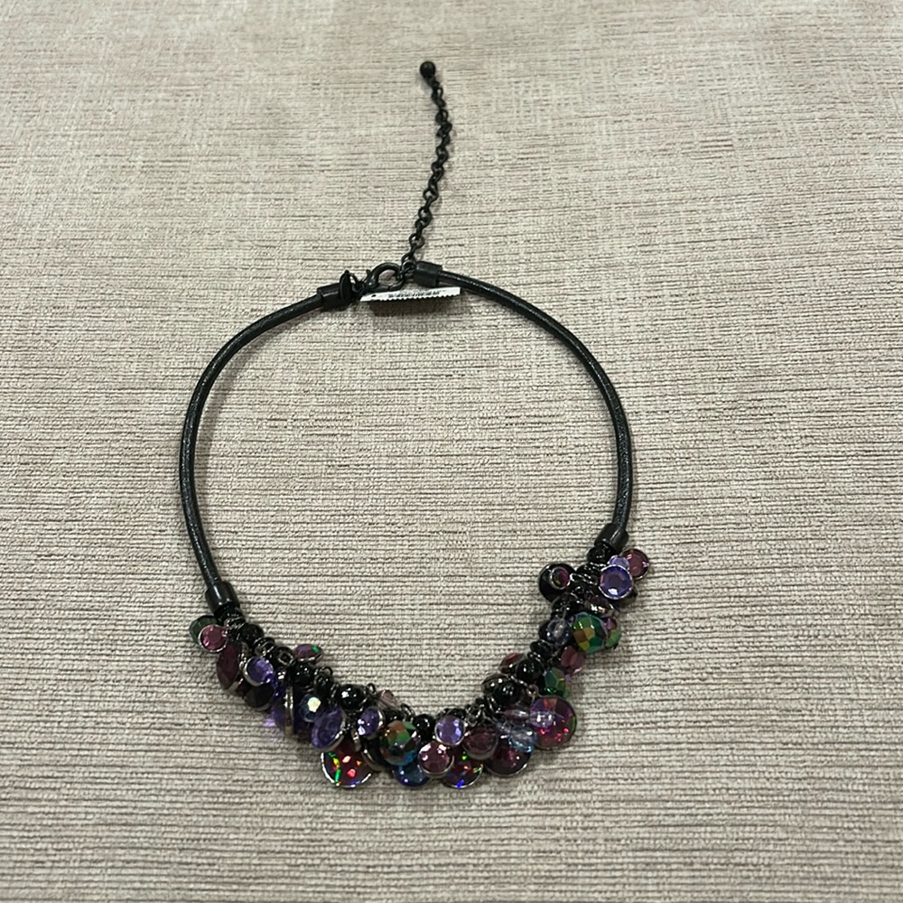 NWT Chico‘s gleem crystal necklace with leather chain 3” adjustable chain.